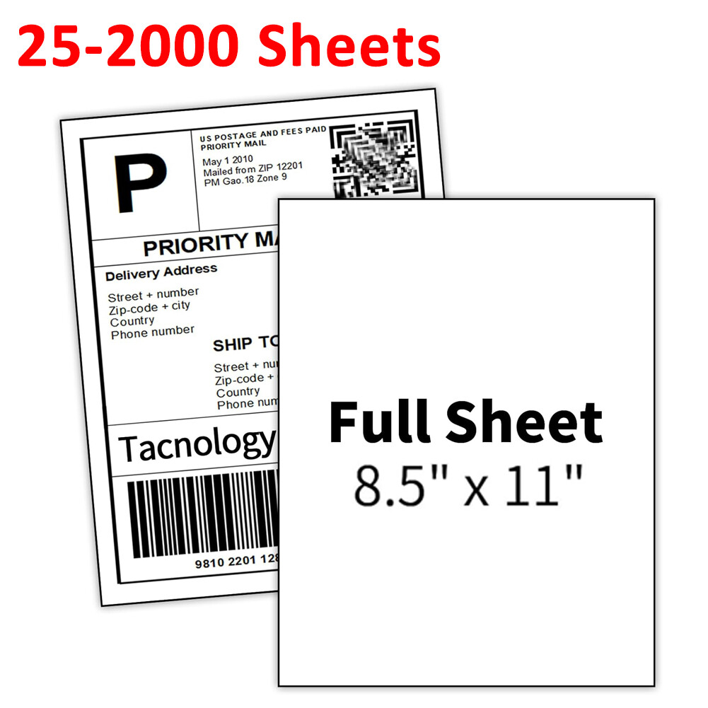 8.5"x11" Full Sheet Shipping Labels Self Adhesive Blank Paper for Laser/Inkjet