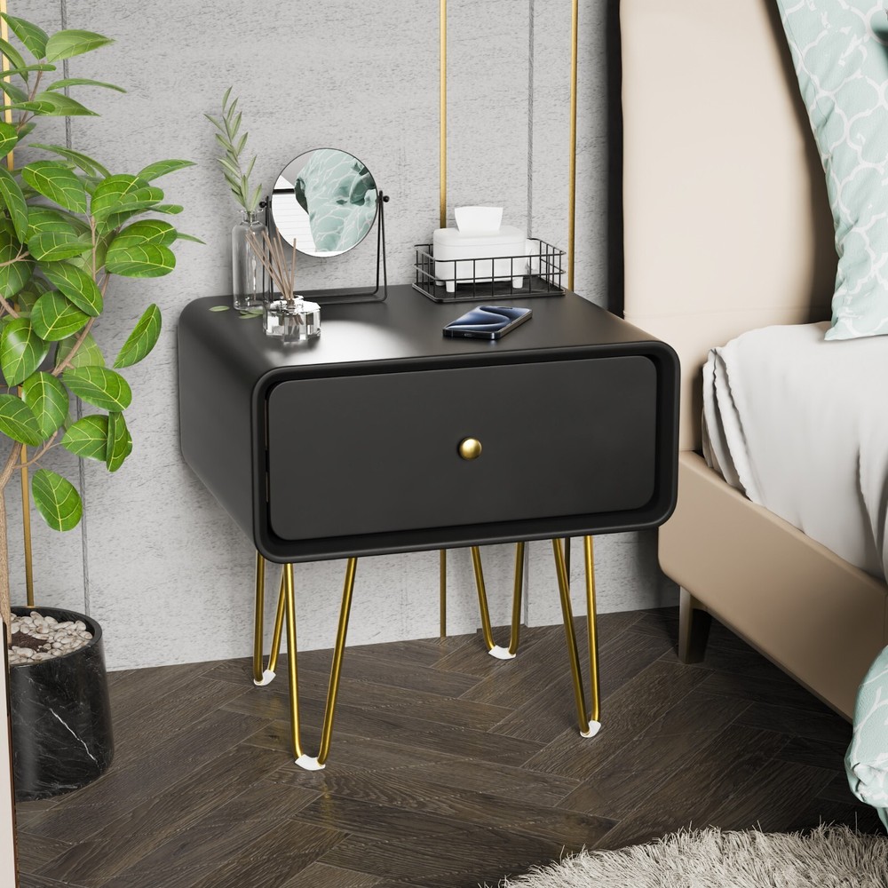 Black single drawer solid wood bedside table easy to install and convenient