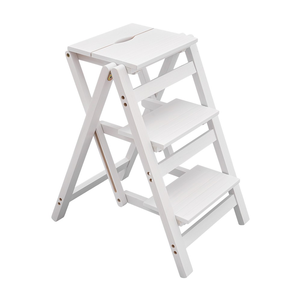 3-layer Folding Step Ladder Folding Wooden Step Stool Not Require Assembly White