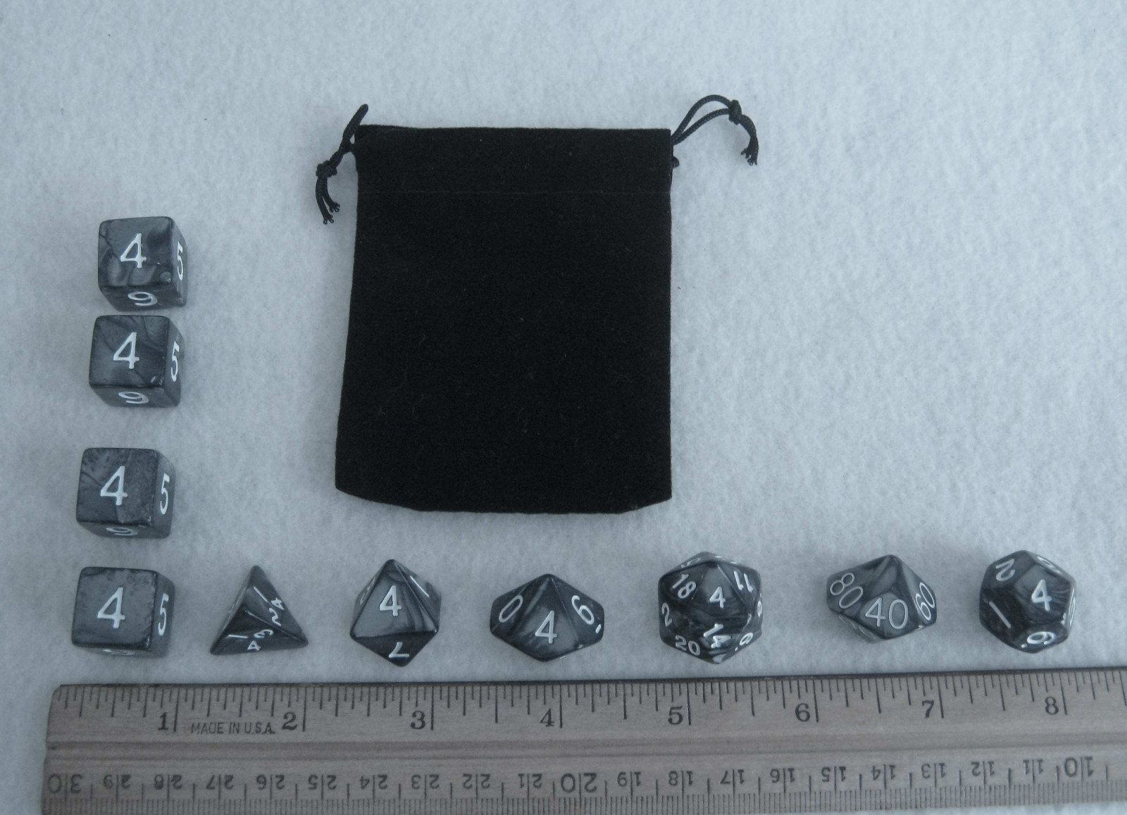 NEW Smoke Black RPG D&D Dice Set: 7 + 3d6 = 10 polyhedral die plus bag!