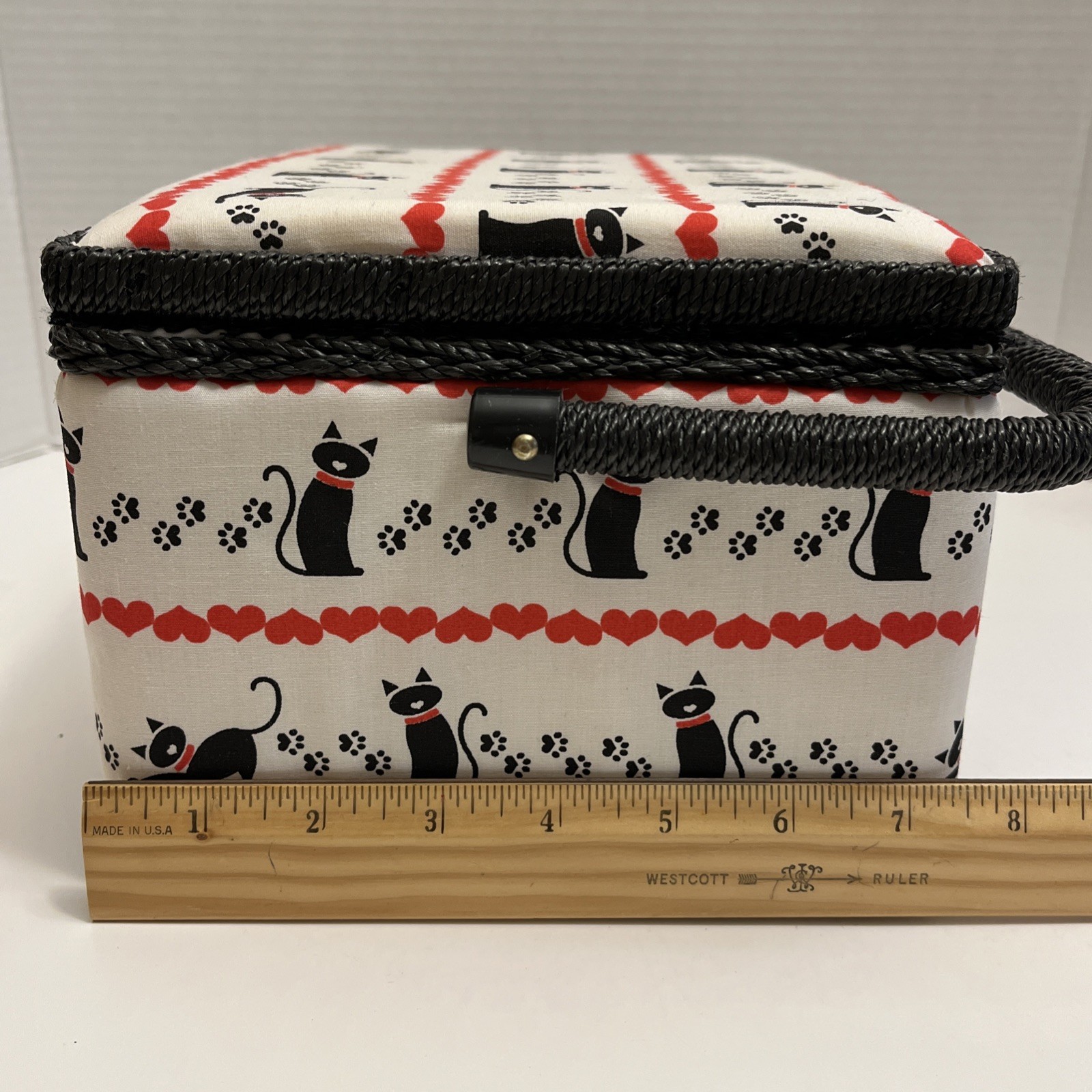Sewing Basket Cat Print Padded Box Pin Cushion Accessories Storage Snap Closure