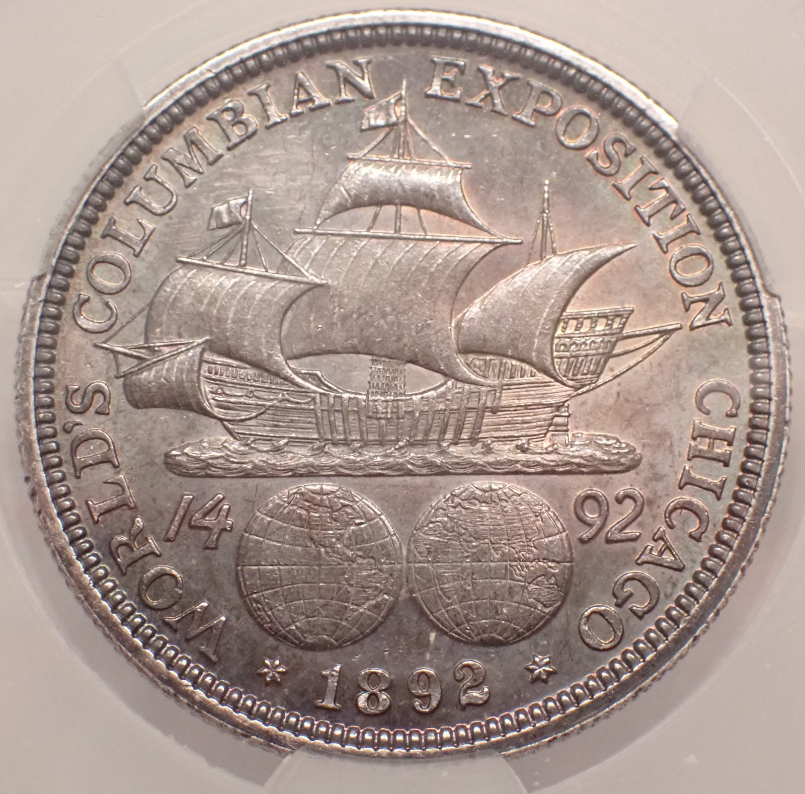 1892 Columbian Expo 50c CAC MS62 Deep Toning w/obv Iridescent Edge Toning