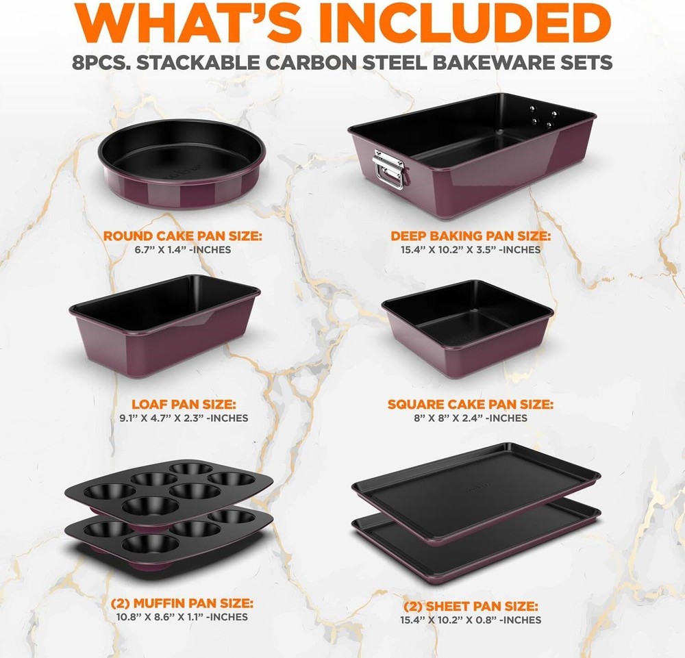 8-Piece Non-Stick Stackable Bakeware Set PFOA-, PFOS- and PTFE-Free Bakeware