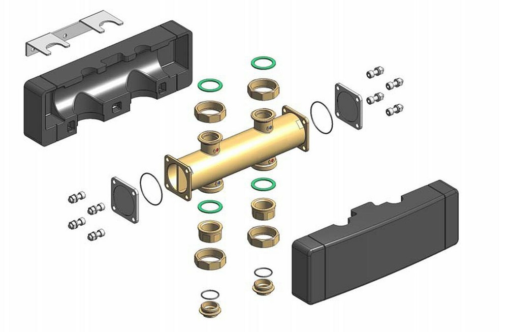 Distribution bar 2-way for pump groups DN25 for 2 heating circuits also Oventrop