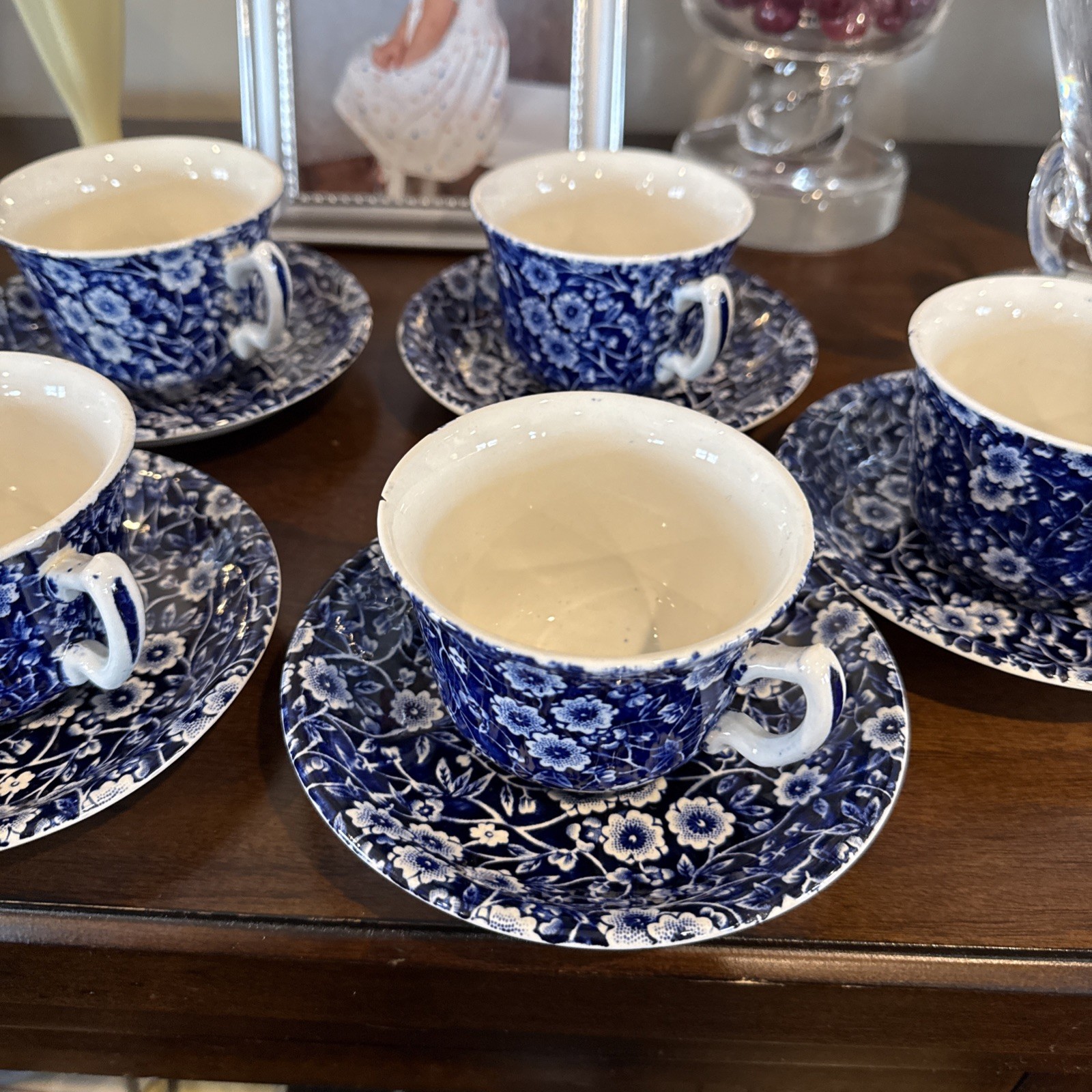 Vintage ROYAL CROWNFORD Blue Calico Cup & Saucer 13 Sets Sold Each Excellent