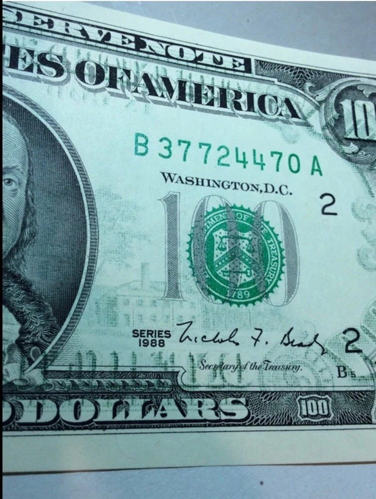 1988 $100 Rare Major Offset Printing Error- Full Back Design on Front- BEP Note