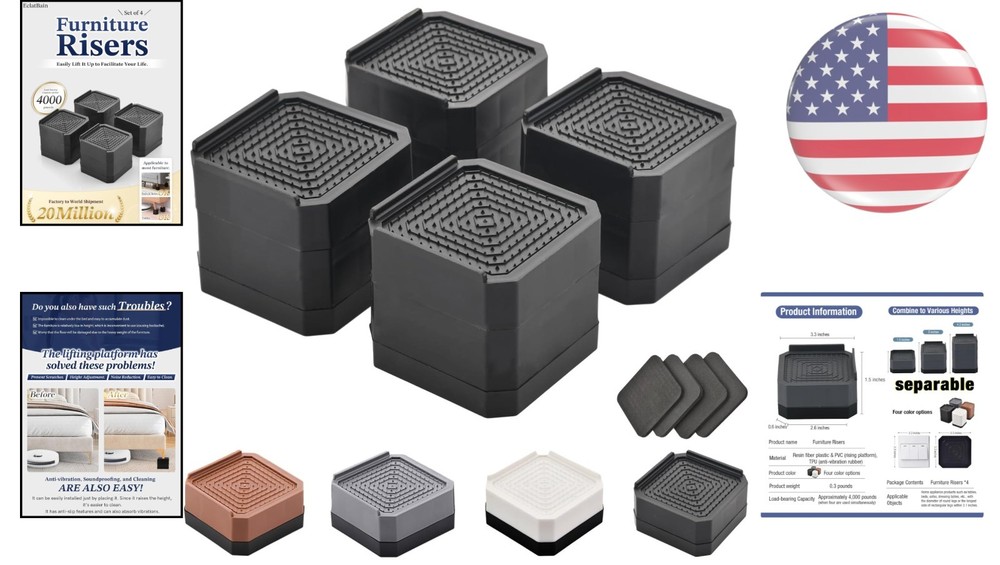 Adjustable Furniture Elevators with Shock Absorption - 4 Pack Black Risers