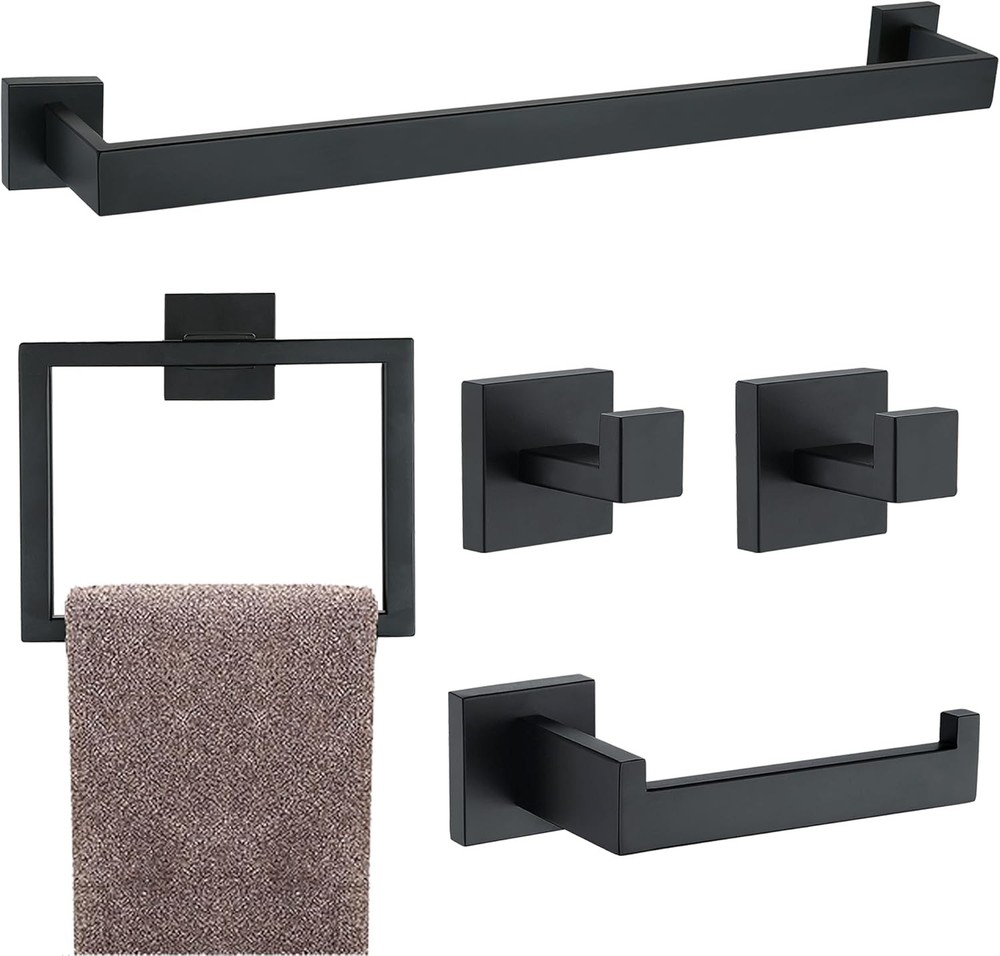 5 Pieces Bathroom Hardware Accessories Set Matte Black, 16Inch Square Towel Rack