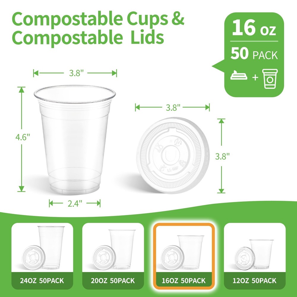 16 OZ Compostable Clear Plastic Cups Disposable Iced Coffee with Flat Lids