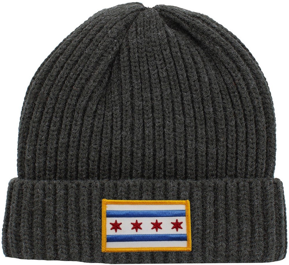 Chicago Flag Patch Cuffed Ribbed Beanie Hat Gold Border Dark Grey