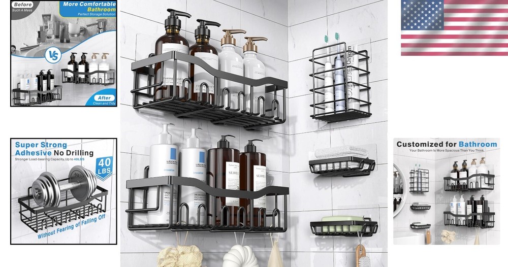 Versatile Adhesive Shower Caddy Set - 5 Durable Organizers with Rounded Edges