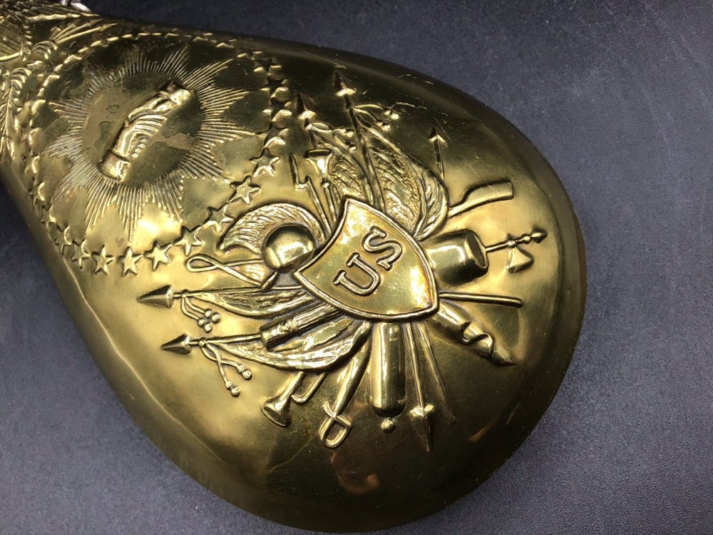 Brass Peace Pattern Powder Flask 9" x 4" U.S. Shield, Eagle & Clasped Hands