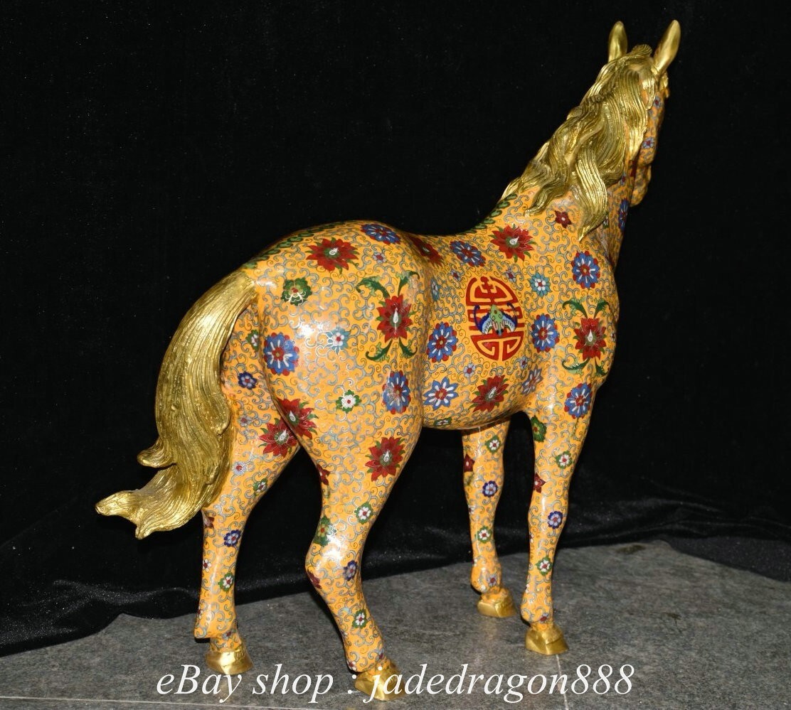 28" Chinese Marked Bronze Gilt Cloisonne 12 Zodiac Year Horse Statue Sculpture