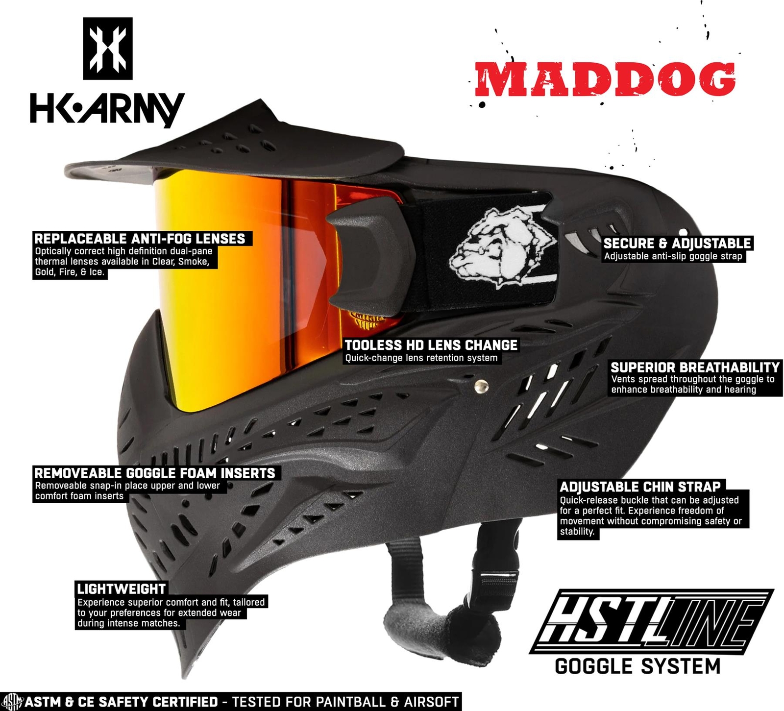 Maddog HK Army HSTL Paintball Mask Airsoft Goggle w/ Thermal Anti-Fog FIRE Lens