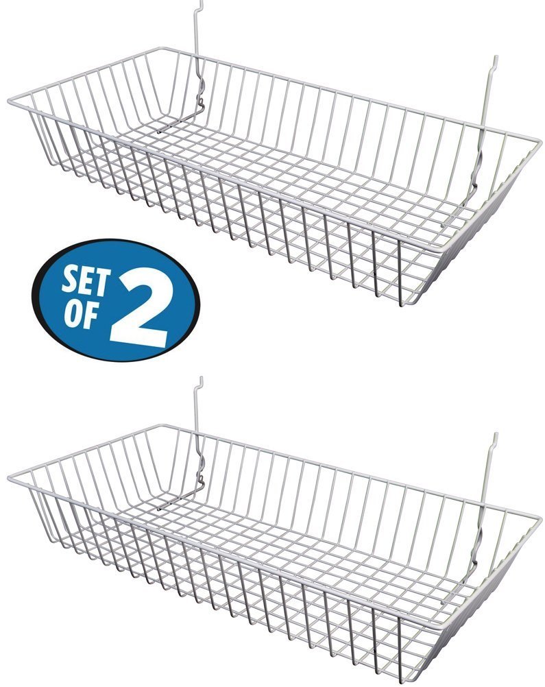 White Wire Baskets for Slatwall, Gridwall or Pegboard (Set of 2) 24”Lx12”Dx4"H