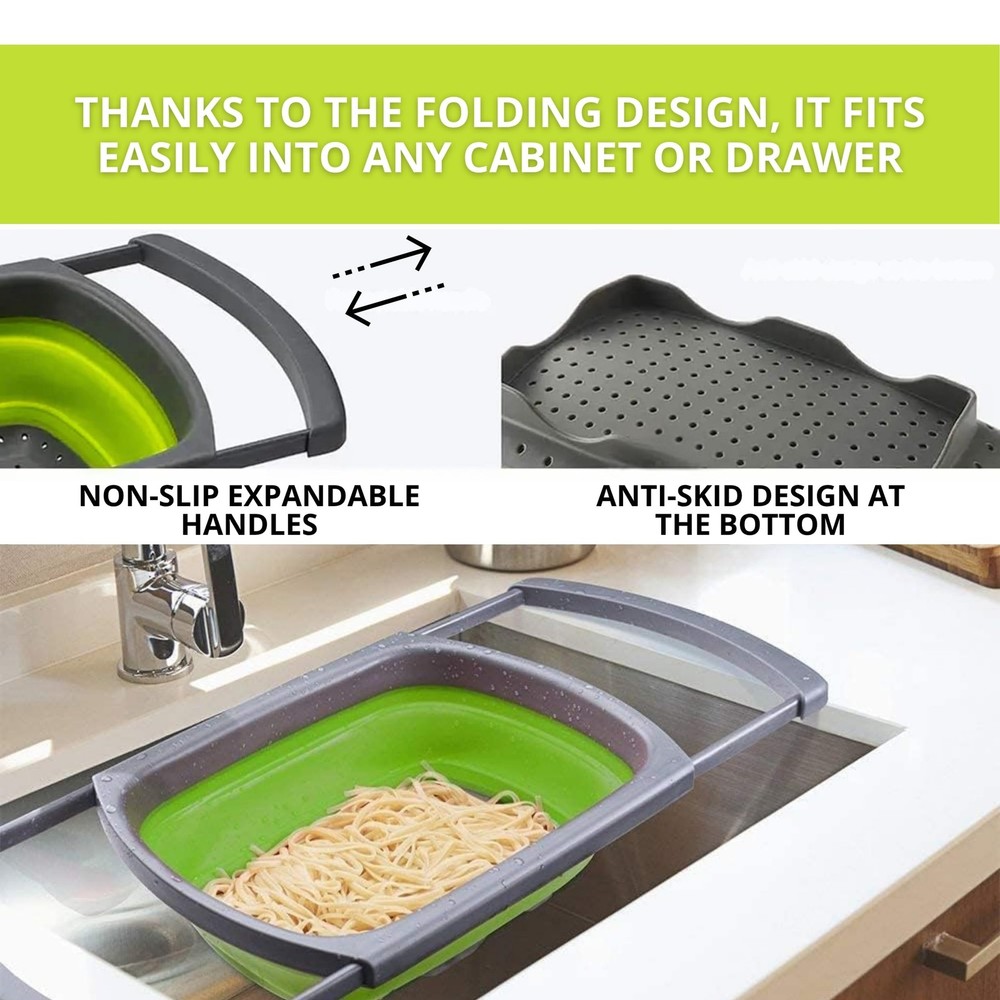 3PCS Green Foldable Kitchen Strainer Set – Silicone Colander Collapsible Stra...
