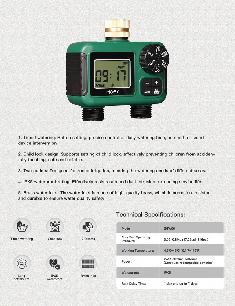 MOES 2 Outlet Sprinkler Timer, Brass Inlet, Programmable Automatic Irrigation...