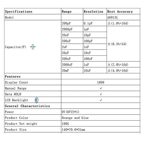 Honeytek A6013L Capacitance Meter Capacitor Electronic Measuring Capacitance