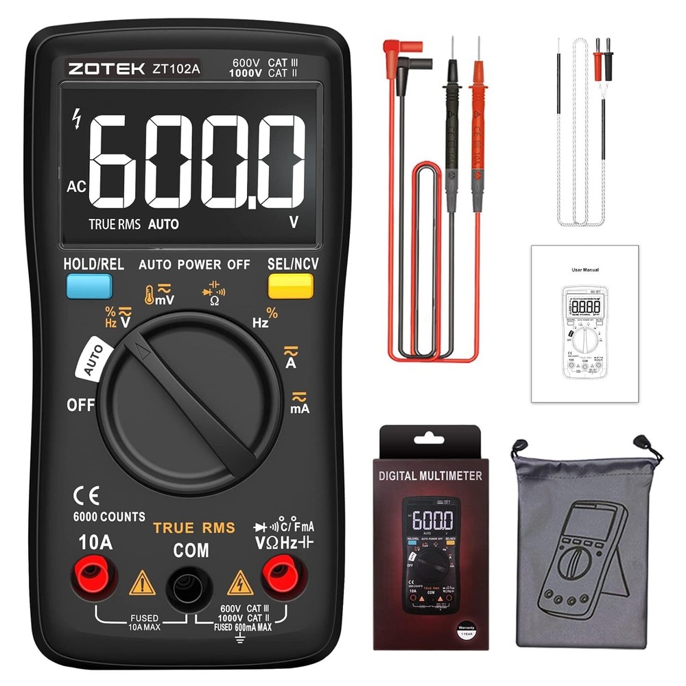 Digital Multimeter AC/DC Ammeter Auto Ranging T-RMS LCD Smart Diode Tester 6000