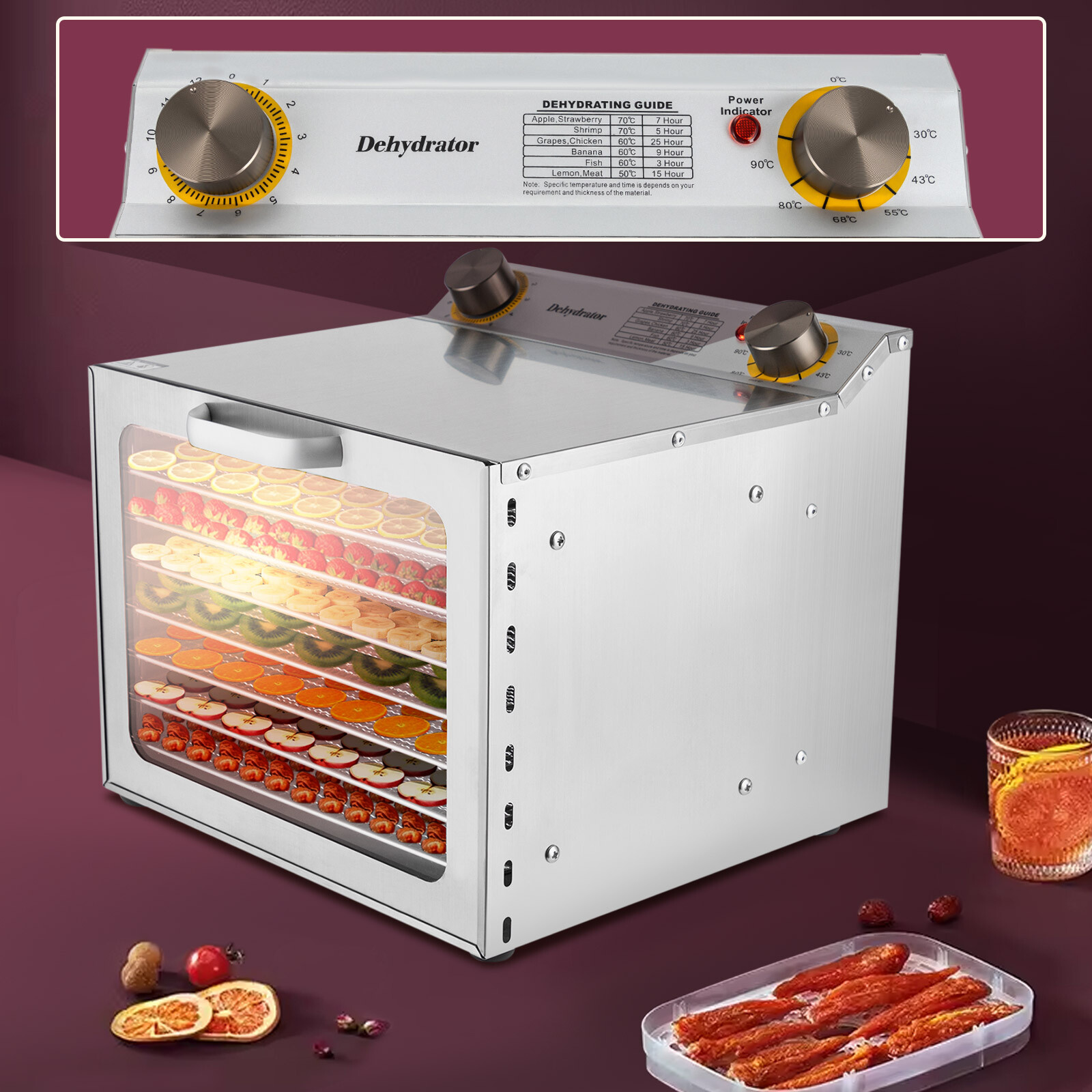 8 Trays Food Dehydrator Machine Stainless Steel 400W Jerky Fruit Drying Food