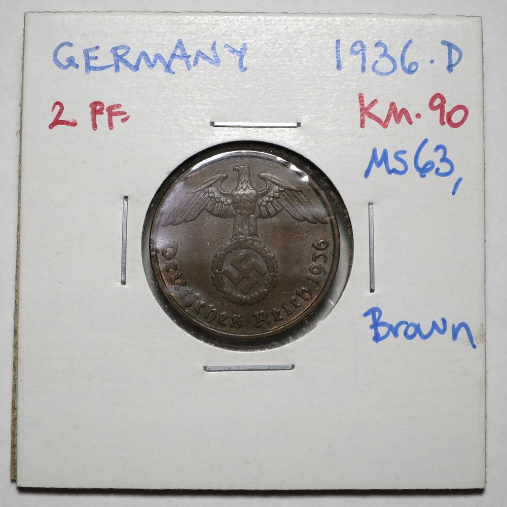 Germany 1936 D 2 Reichspfennig, KM#90, UNC