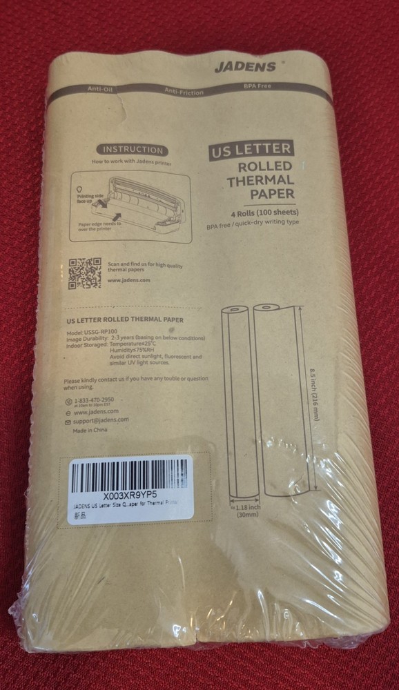 JADENS US Letter Size Quick-Dry Thermal Printer Paper 4 Rolls, Quick-dry