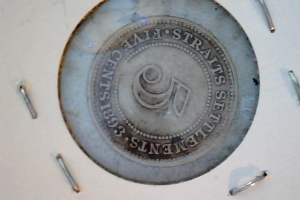 1893 Straits Settlements 5 Cents, SILVER VF+