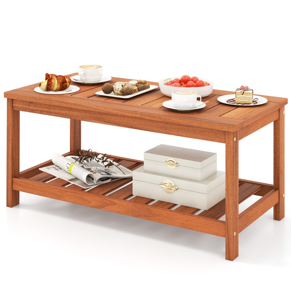Patio Coffee Table 2-Tier Outdoor Side Rectangle Side Table Solid Wood Porch