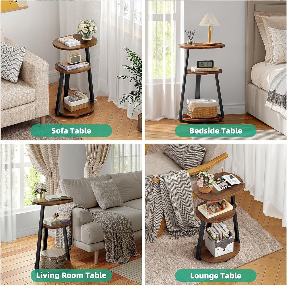 Side Table Small End Table W/ Metal Frame 3-Tier Bedside Tables Round Brown