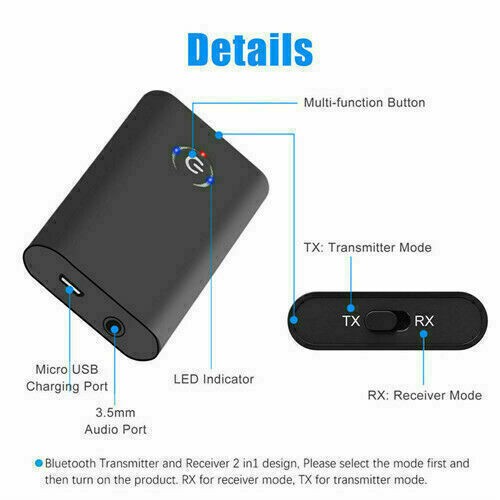 2 IN 1 Bluetooth 5.0 Transmitter Receiver Wireless Audio 3.5mm Jack Aux Adapter