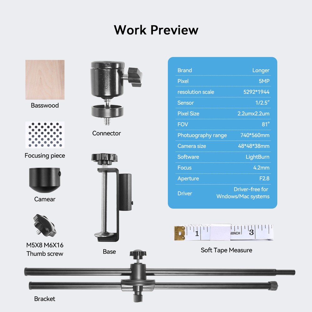Longer LightBurn Camera Kit for Laser Engravers - 5MP HD Precision - Black