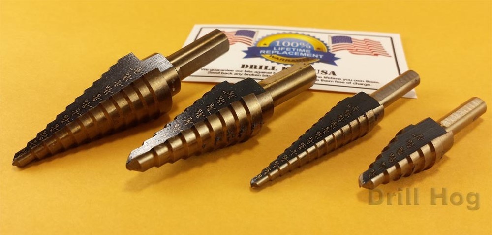 Drill Hog® Step Drill Bit Step Set Drill Bits UNIBIT Moly 4Pc Lifetime Warranty