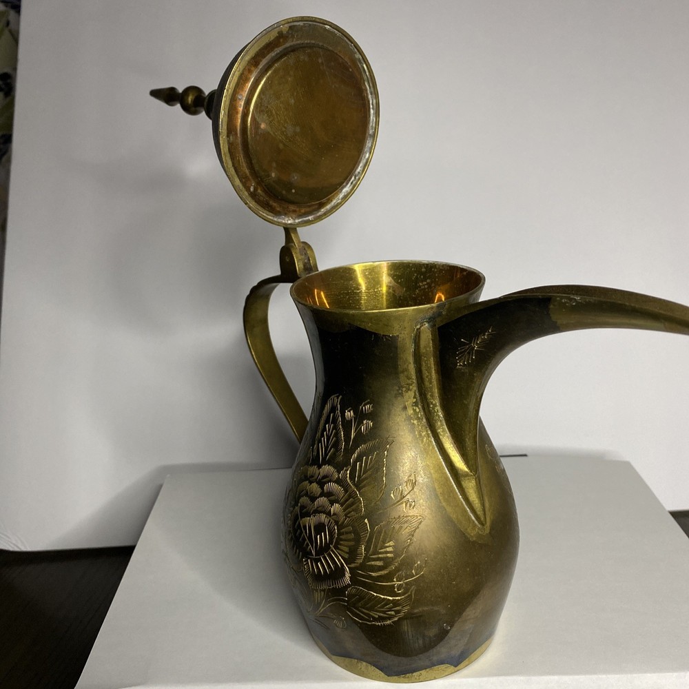 Vintage Solid BRASS DALLAH Etched with Floral Designs 11”Tall !