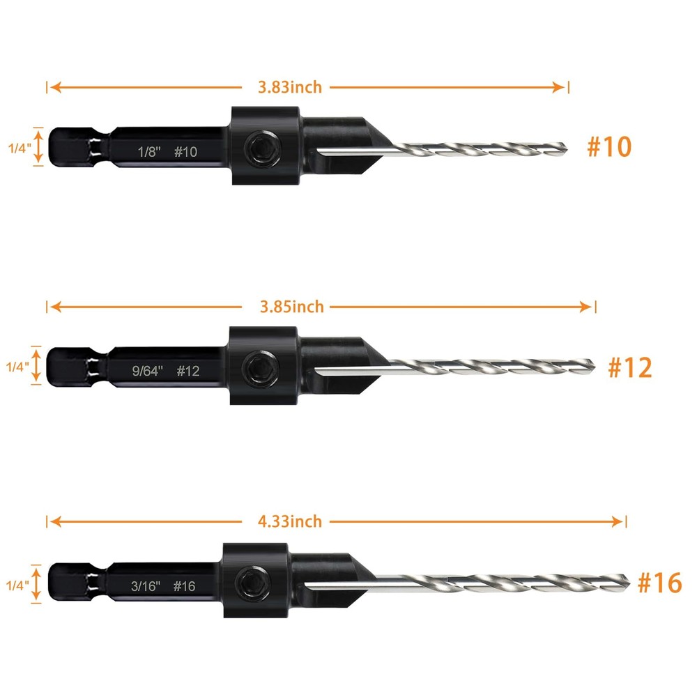3 Pack Countersink Drill Bit Set #10#12#16, 3 Bits