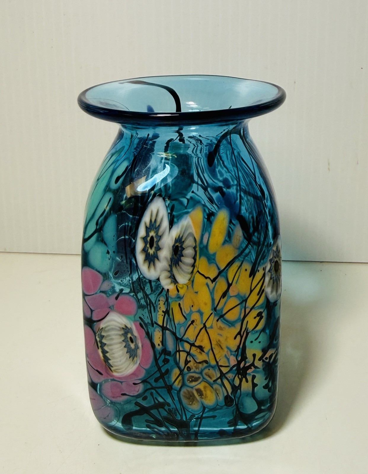 Herb A. Thomas Art Glass Hand Blown Blue Millefiori Floral Vase Signed HAT 4.5”
