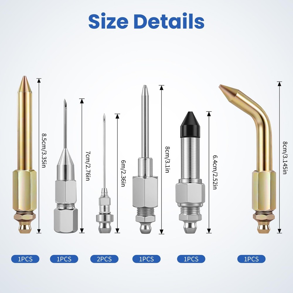 Grease Gun Accessories Kit 7PCS Silver Needle Tips Mini Dispenser Rubber Joint