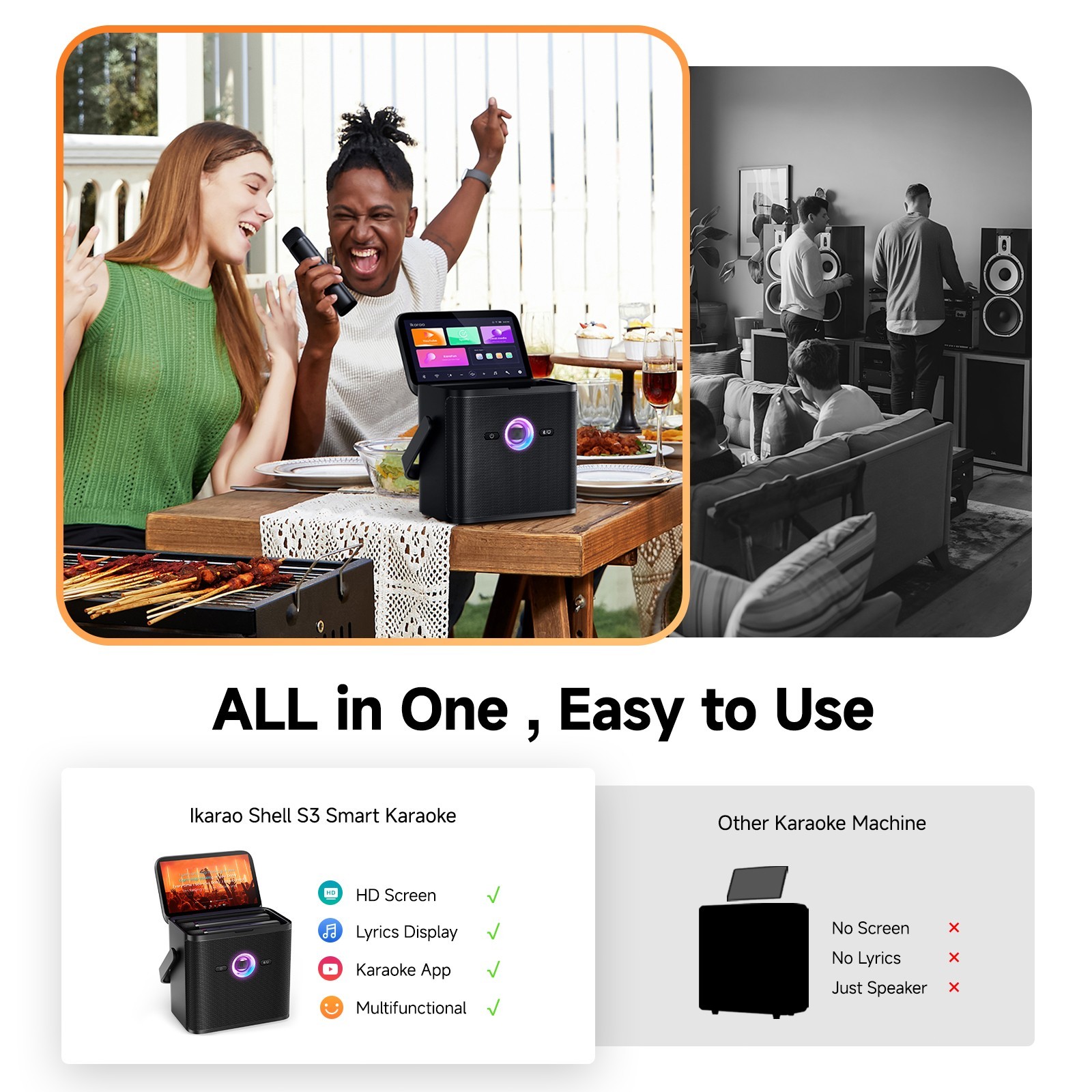 Ikarao Shell S3 Karaoke Machine, 80W Speaker, with Lyrics Display Screen