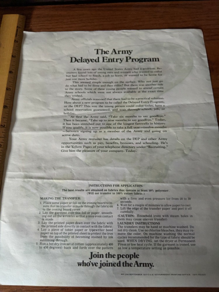 Vintage Iron on US ARMY On Transfer Delayed Entry Program "Snake" 1977