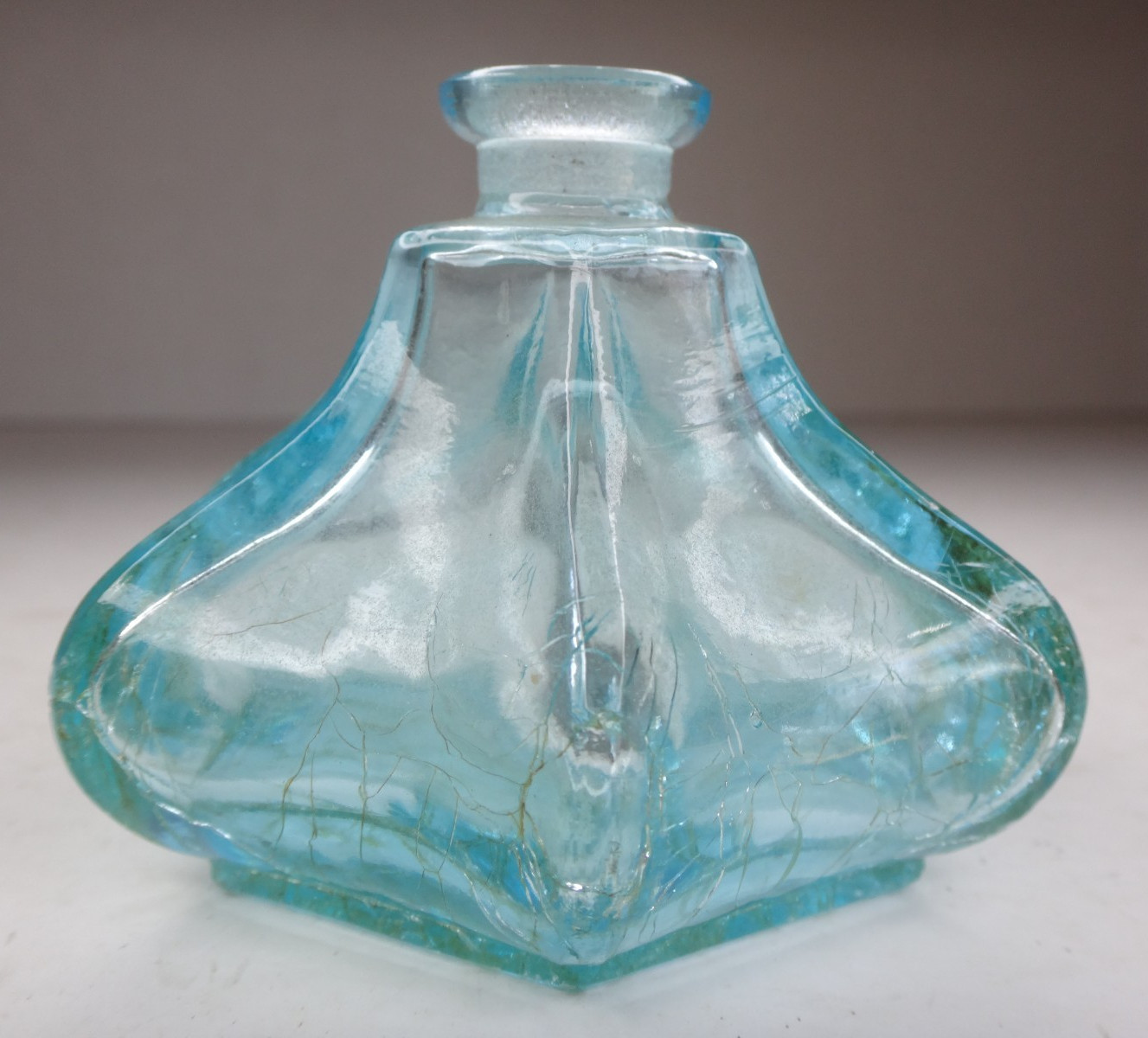 Antique Aqua Blue Green Inkwell Pressed Glass Bottle 6 Side UNUSUAL Shape