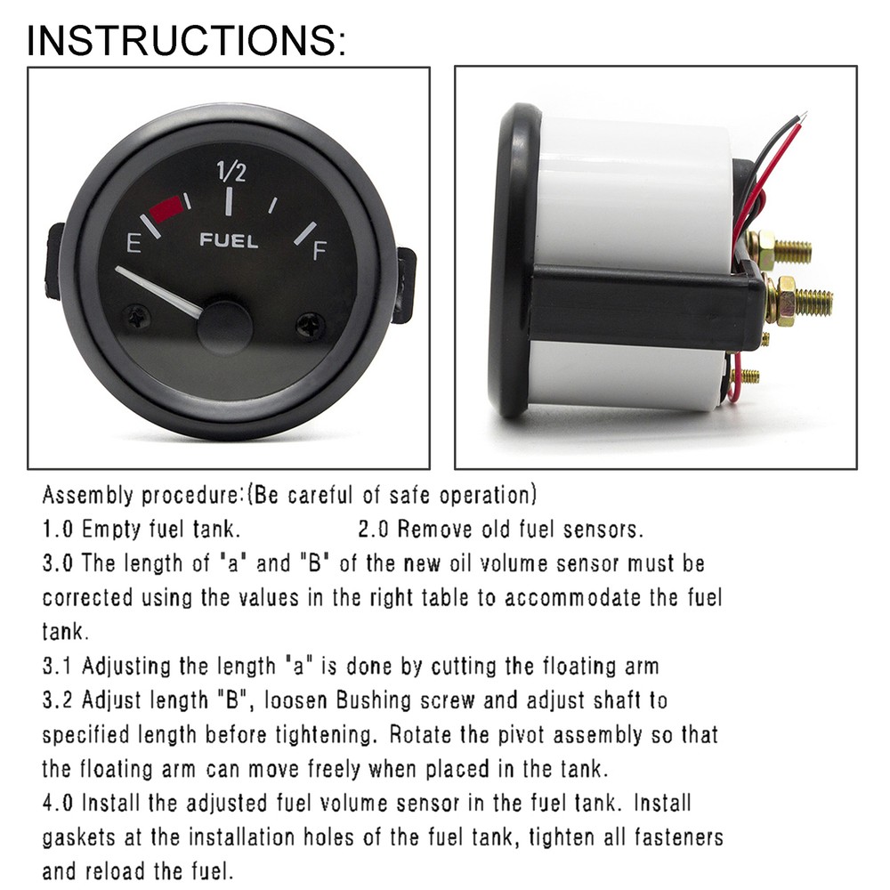 12V 2"52mm Fuel Level Gauge Meter W/Unit Fuel Level Sensor E-1/2-F Pointer