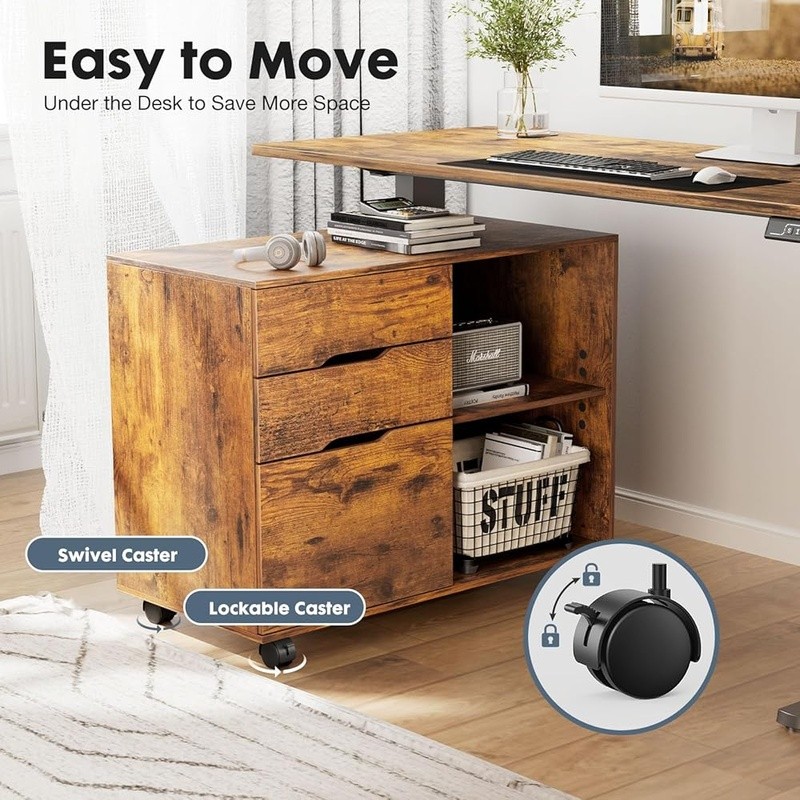 Versatile Office Cabinet W/ Open Shelves & 3 Drawers Rolling Storage Solution US