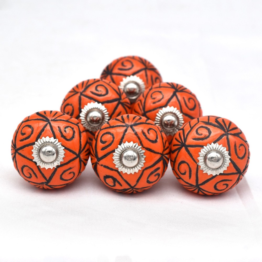 Emboss Orange Color Ceramic Knobs Handpainted Kitchen Cabinet Drawer Pulls