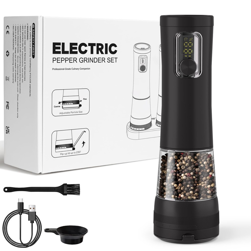 2 Pack Salt and Pepper Grinder Set, Rechargeable Automatic Pepper Mill with B...