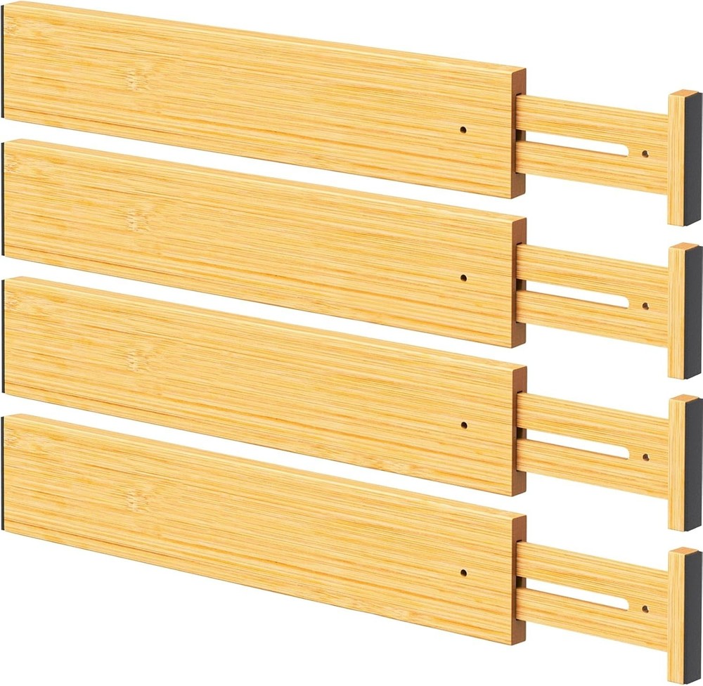 Expandable Bamboo Drawer Separators, Adjustable for Clothes & Utensils - 4 Pack