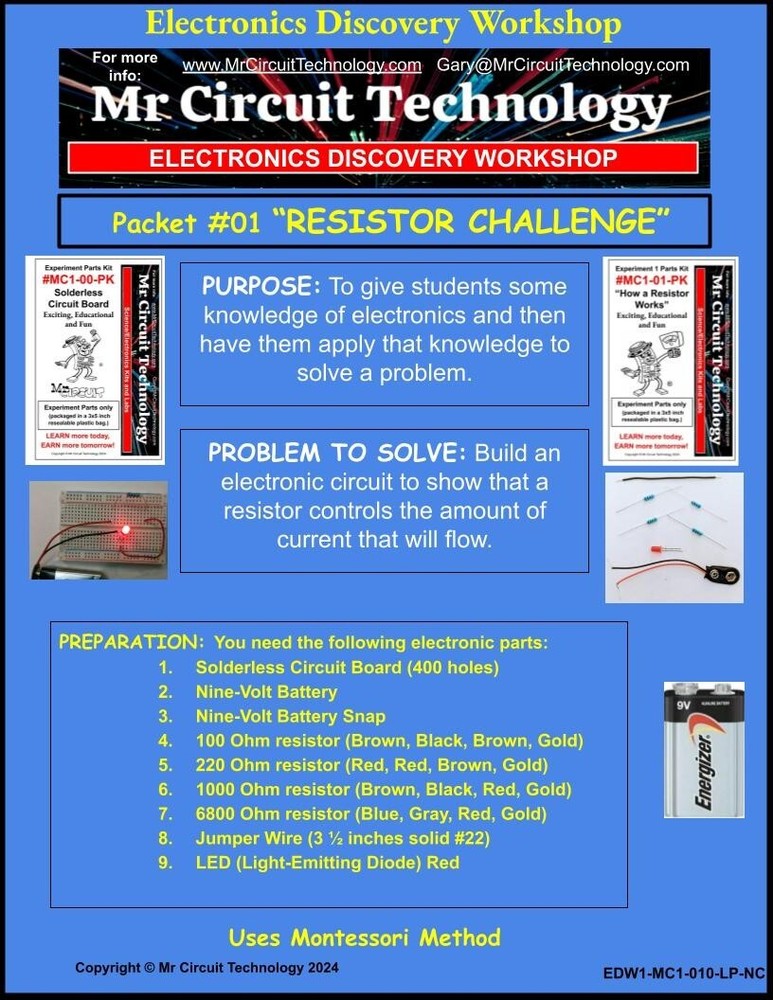 ELECTRONICS DISCOVERY WORKSHOP- Kit#01- "The RESISTOR CHALLENGE" #edw-mc1-01