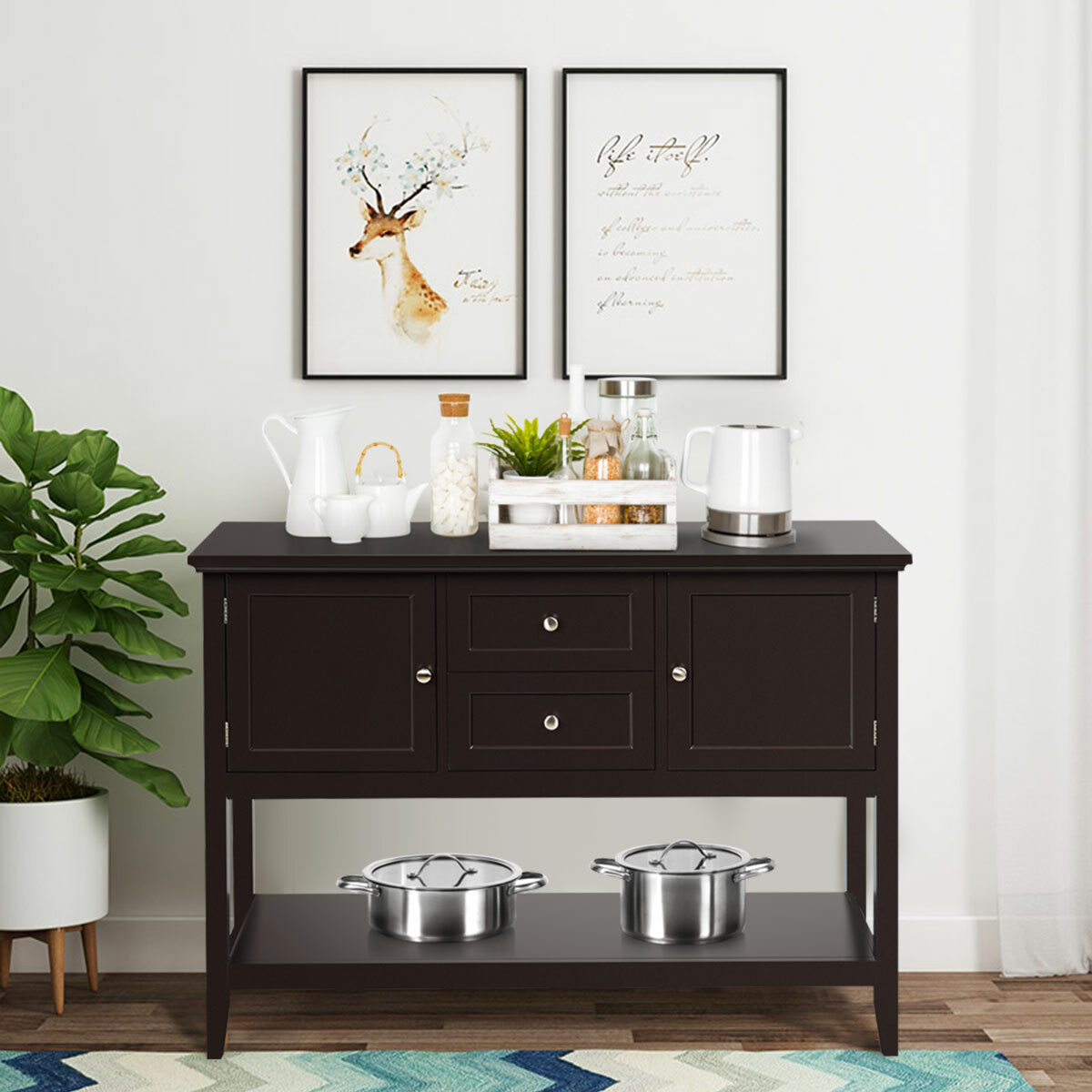 Costway Sideboard Buffet Table Wooden Console Table w/ Drawers & Cabinets Brown