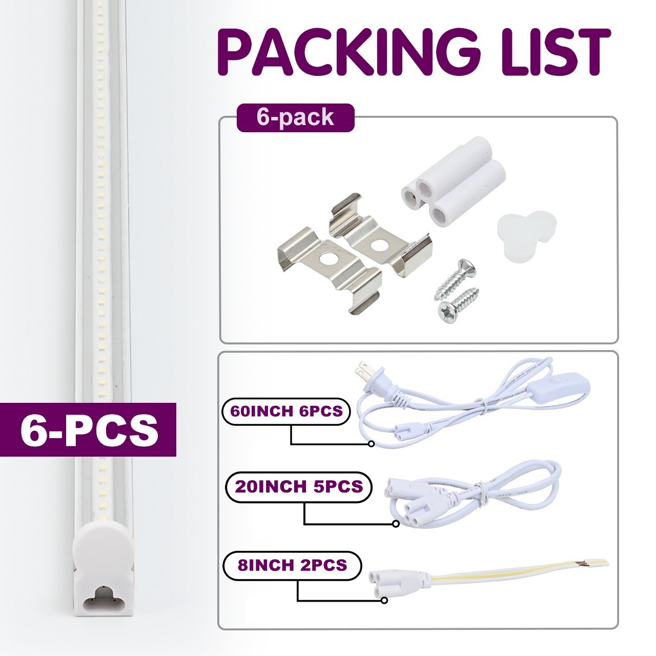 6 Pack LED T5 Integrated Single Fixture 4FT 20W LED Shop Ceiling Lights Clear