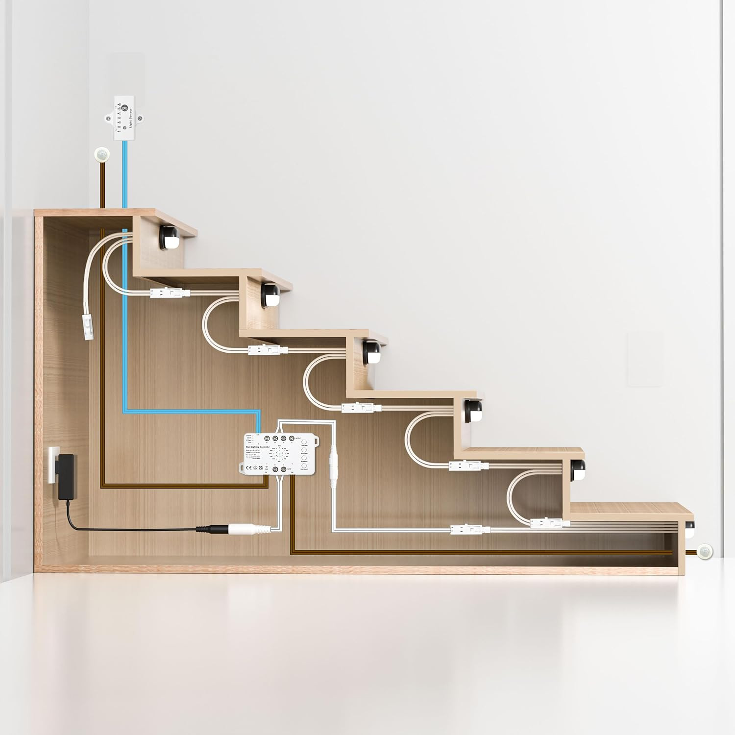 16-Step Motion Sensor Stair Lights - Dimmable 3000K LED Kit w/Day/Night Mode