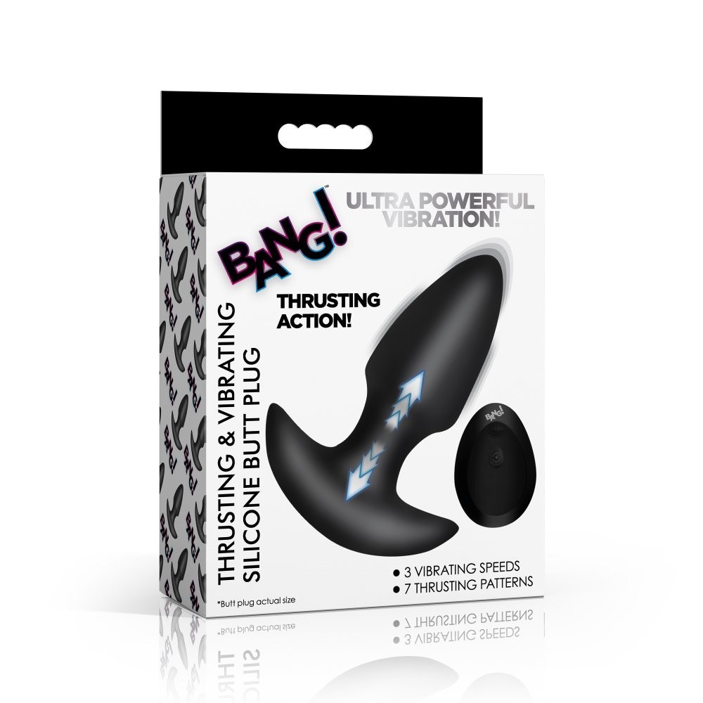 Thrusting and Vibrating Silicone Butt Plug with Remote- Black