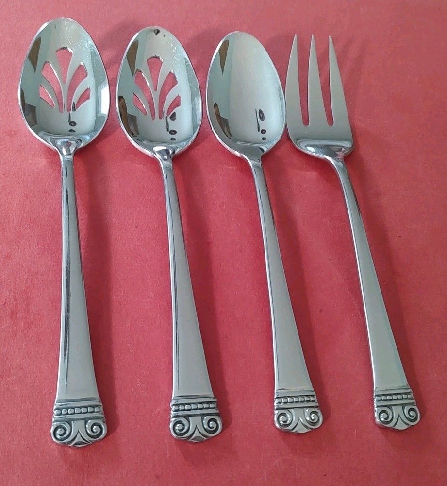 4pc Oneida 18/10 MELODIA Stainless SERVING FORK Pierced & Solid TABLE SPOONS